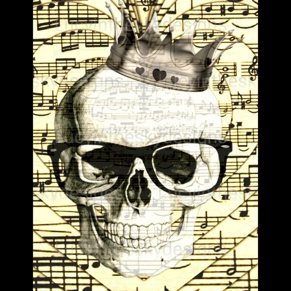 Skull with Crown and Glasses Art Print Heart Music Lover Unique Wall Decor - Picture 2 of 4